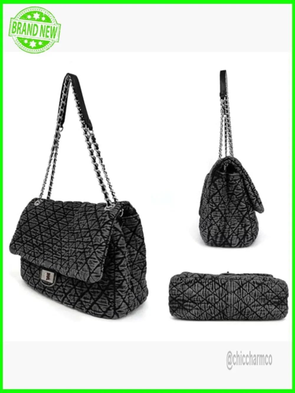 Large Quilted Denim Hobo Bag with Chain Straps, Crossbody Tote